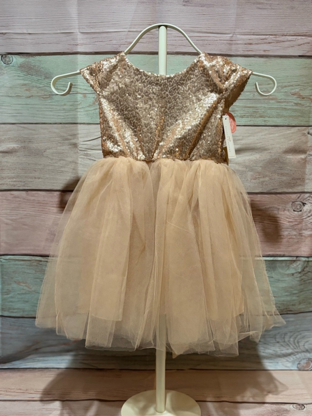 Girls' Champagne Sequin & Tulle Party Dress
